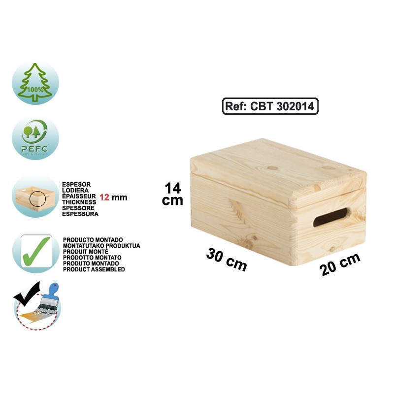 MidaCreativ Grande caisse de rangement en bois de pin avec couvercle et  trous de poignée